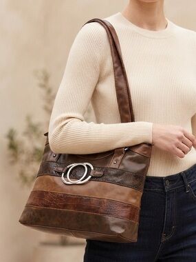 The Stone Brown Vegan Leather Patchwork Shoulder Bag